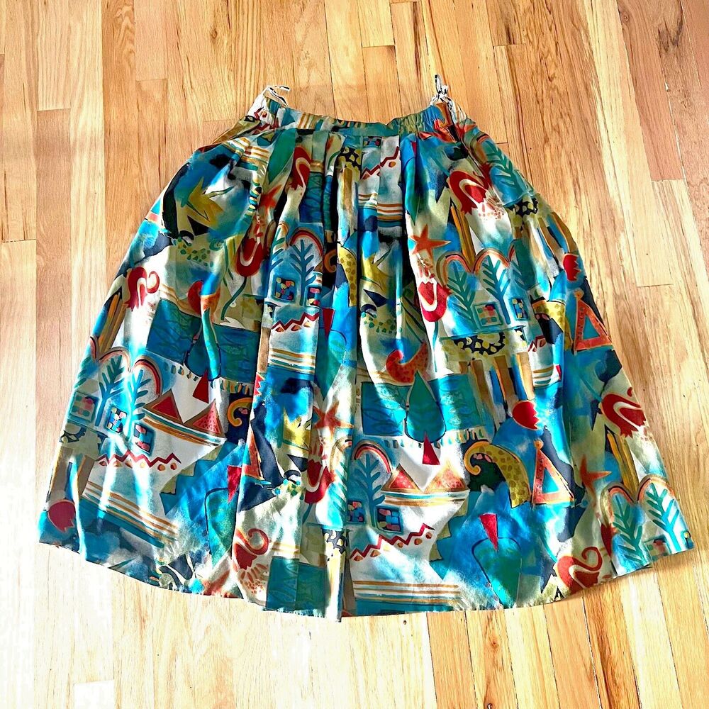 vtg 80s lotz‎ retro maximalist full gathered knee skirt green blue beige 14 bold